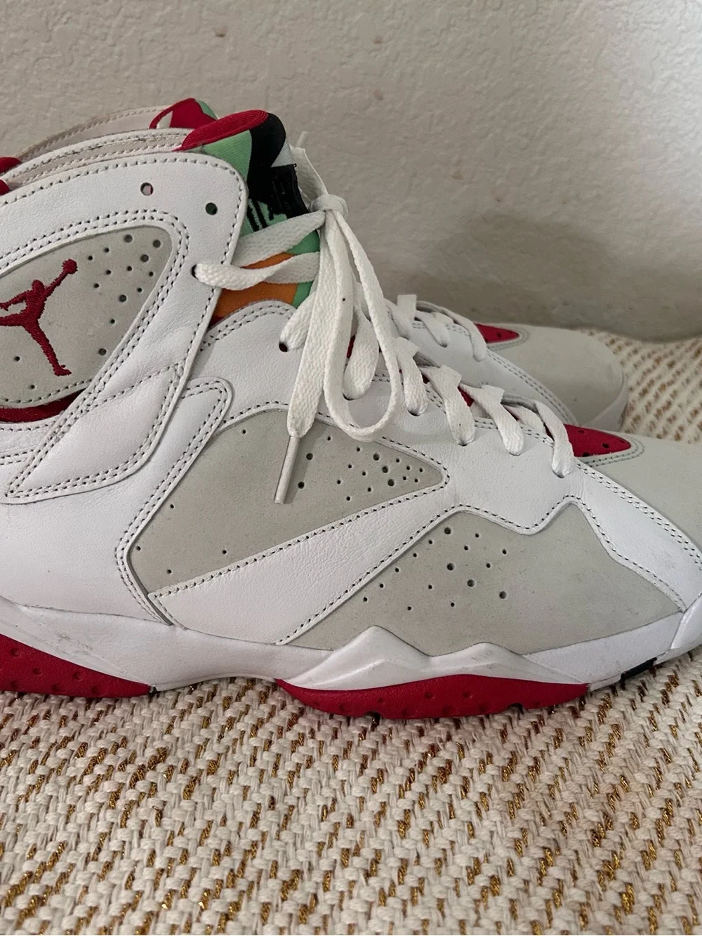 Jordan White High-Tops with Red and Metallic Green Accents